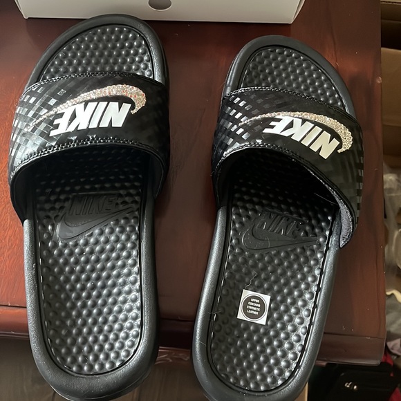 Custom bling , black Nike benassi slides - Picture 1 of 9